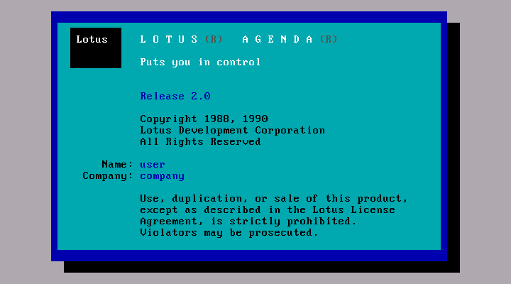 Lotus Agenda 2.0 - Splash